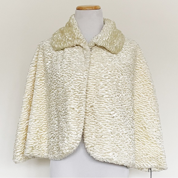 SIMON CHANG Faux Persian Lamb Cape, Cream Wedding Capelet, Lined - Picture 2 of 11